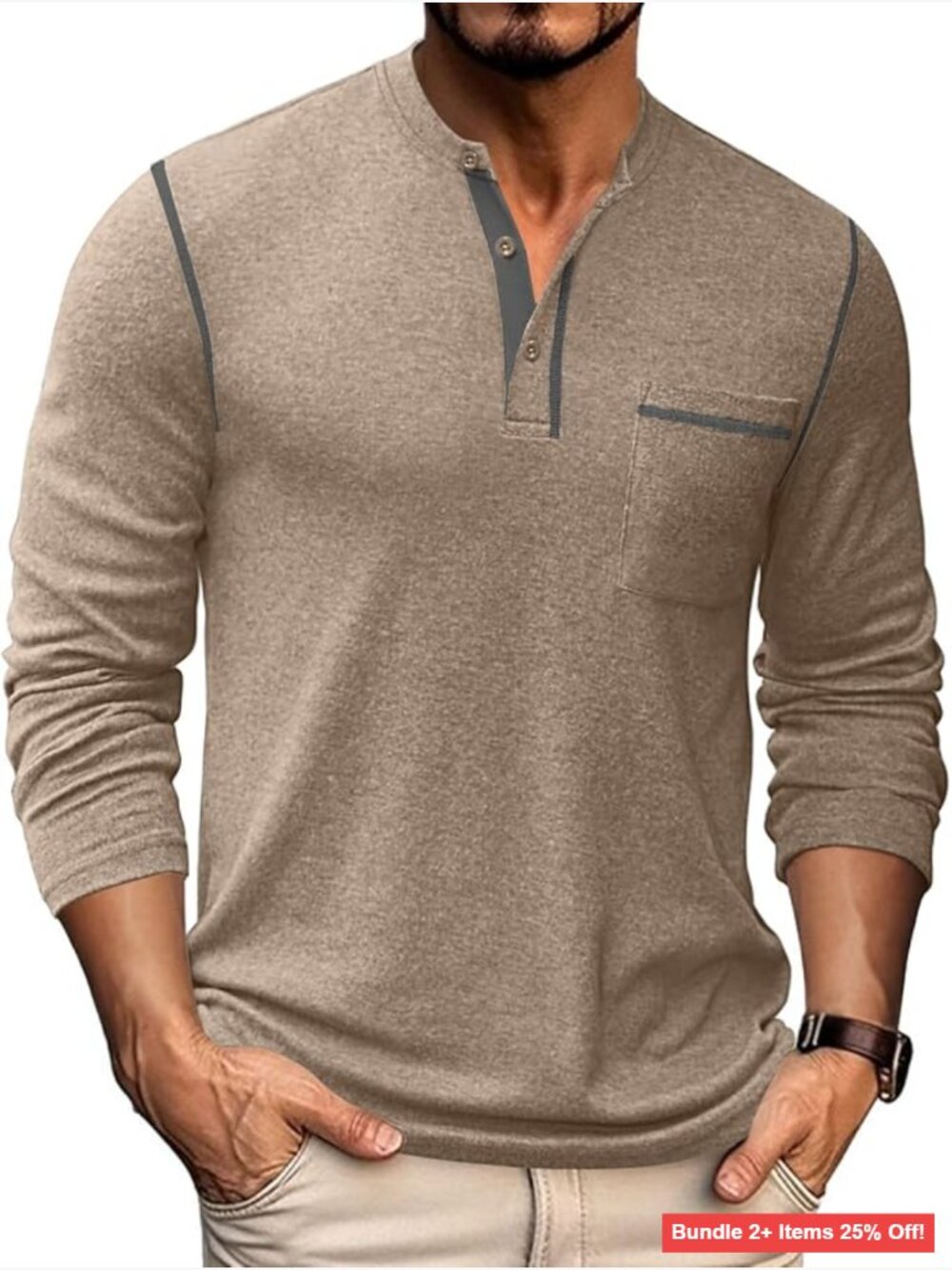 Men's Long Sleeve Henley T-Shirt with Pocket, Regular Fit, Ultra-Soft Fabric